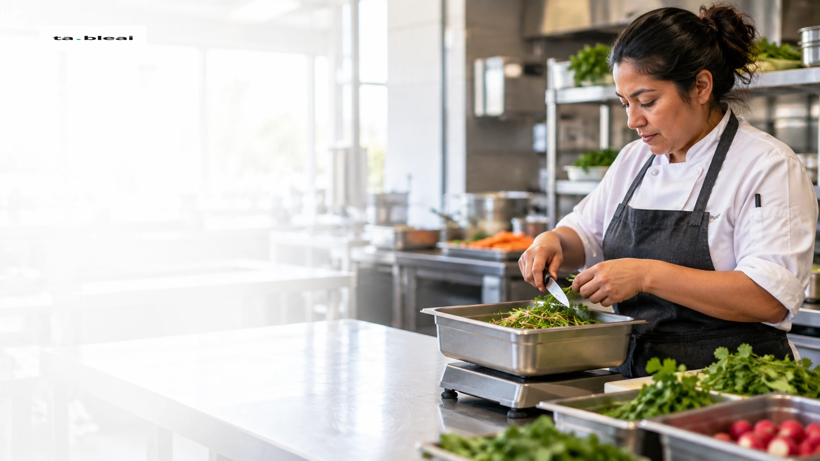 Chef weighing prepared produce for yield