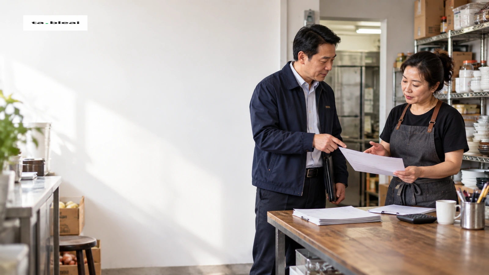 Owner discussing invoices with supplier