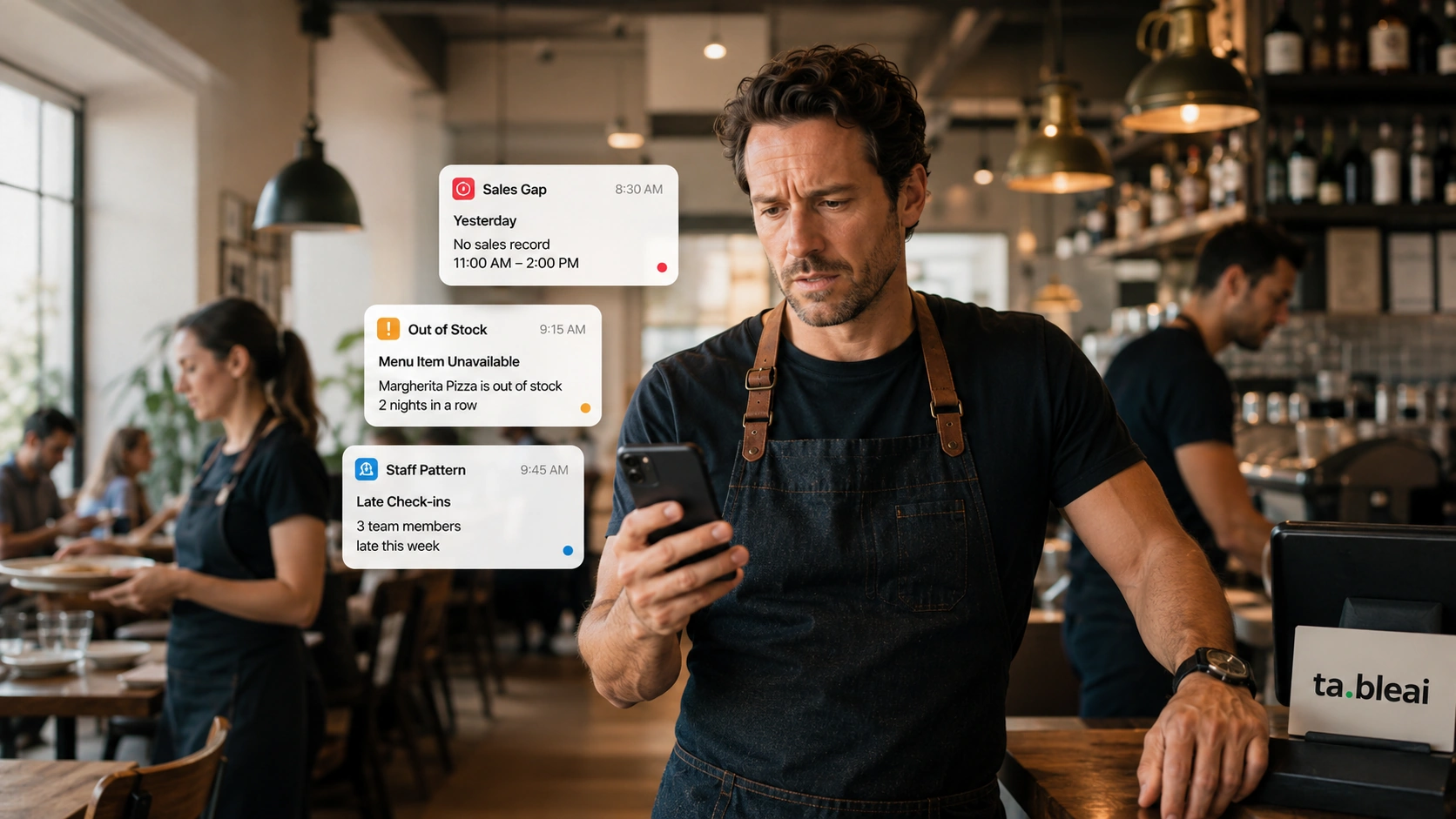 Café manager checking notifications on phone about menu items and staff