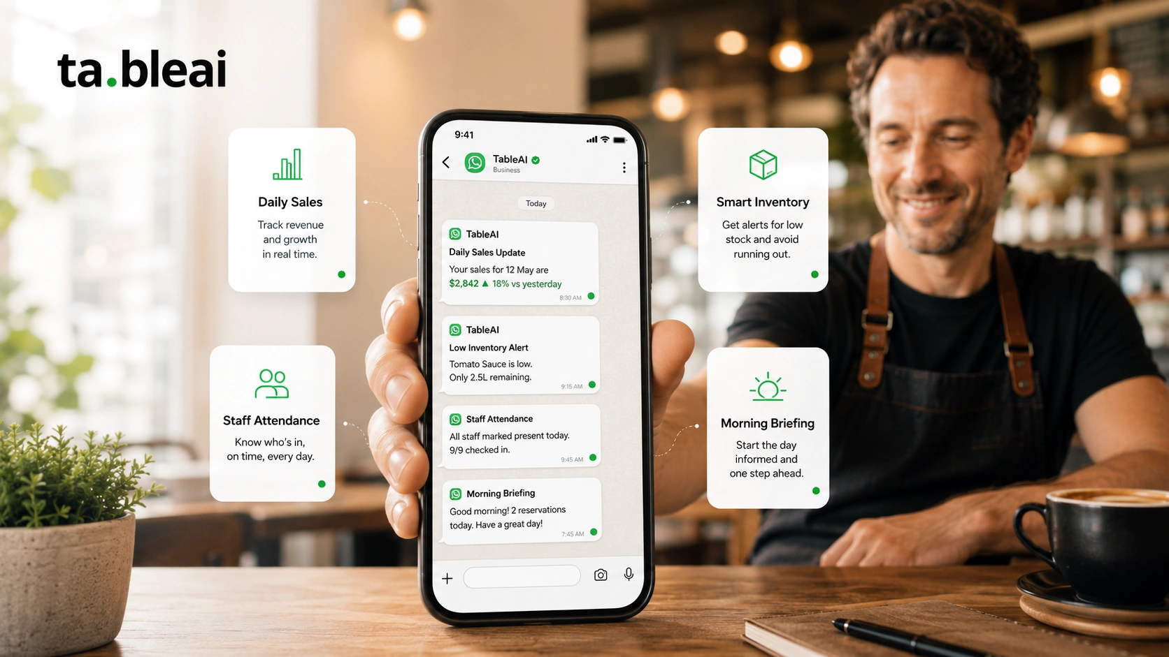 TableAI features shown at a glance: daily sales, smart inventory, staff attendance, and morning briefings
