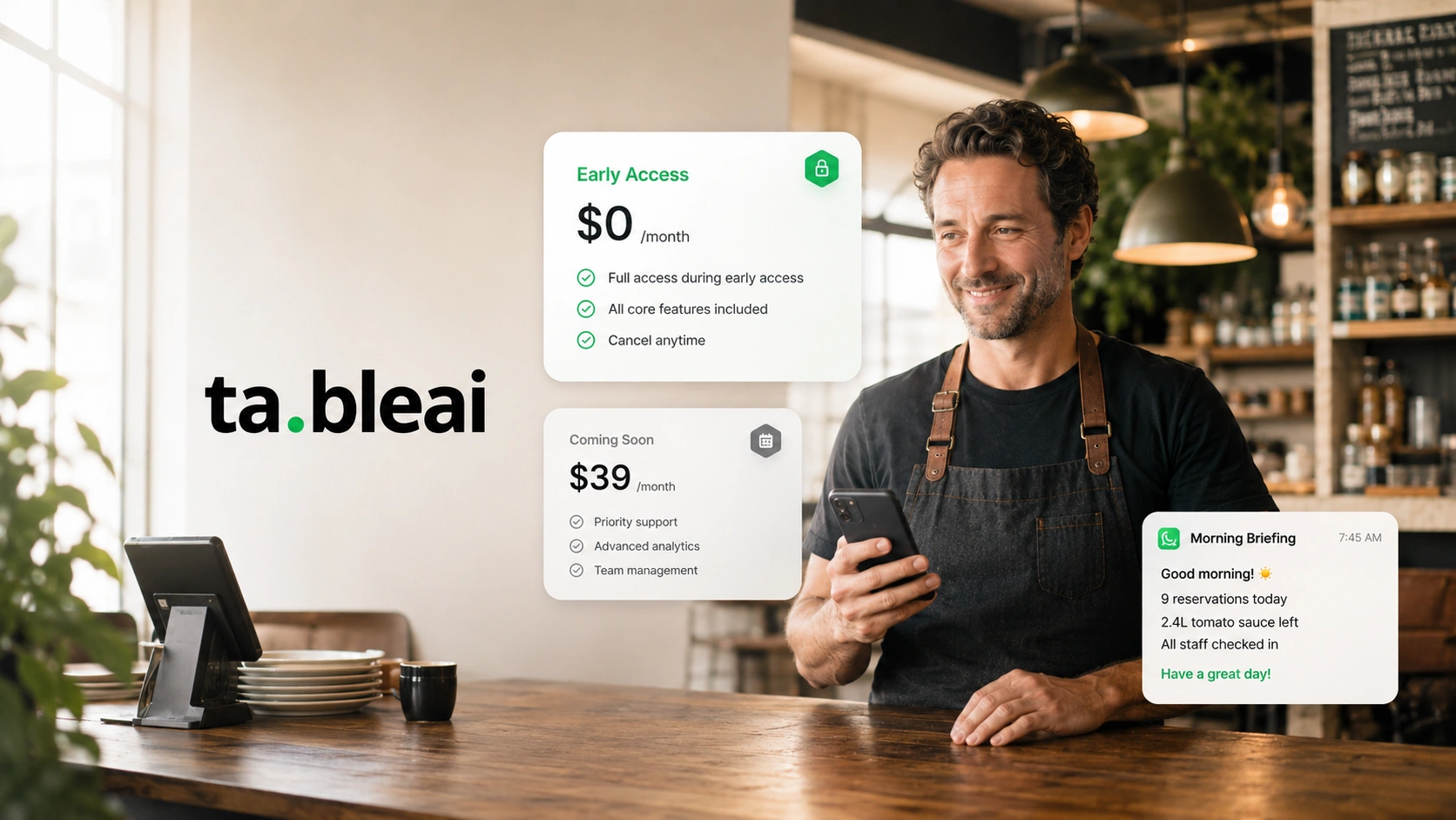 Café owner reviewing morning briefing and pricing on TableAI