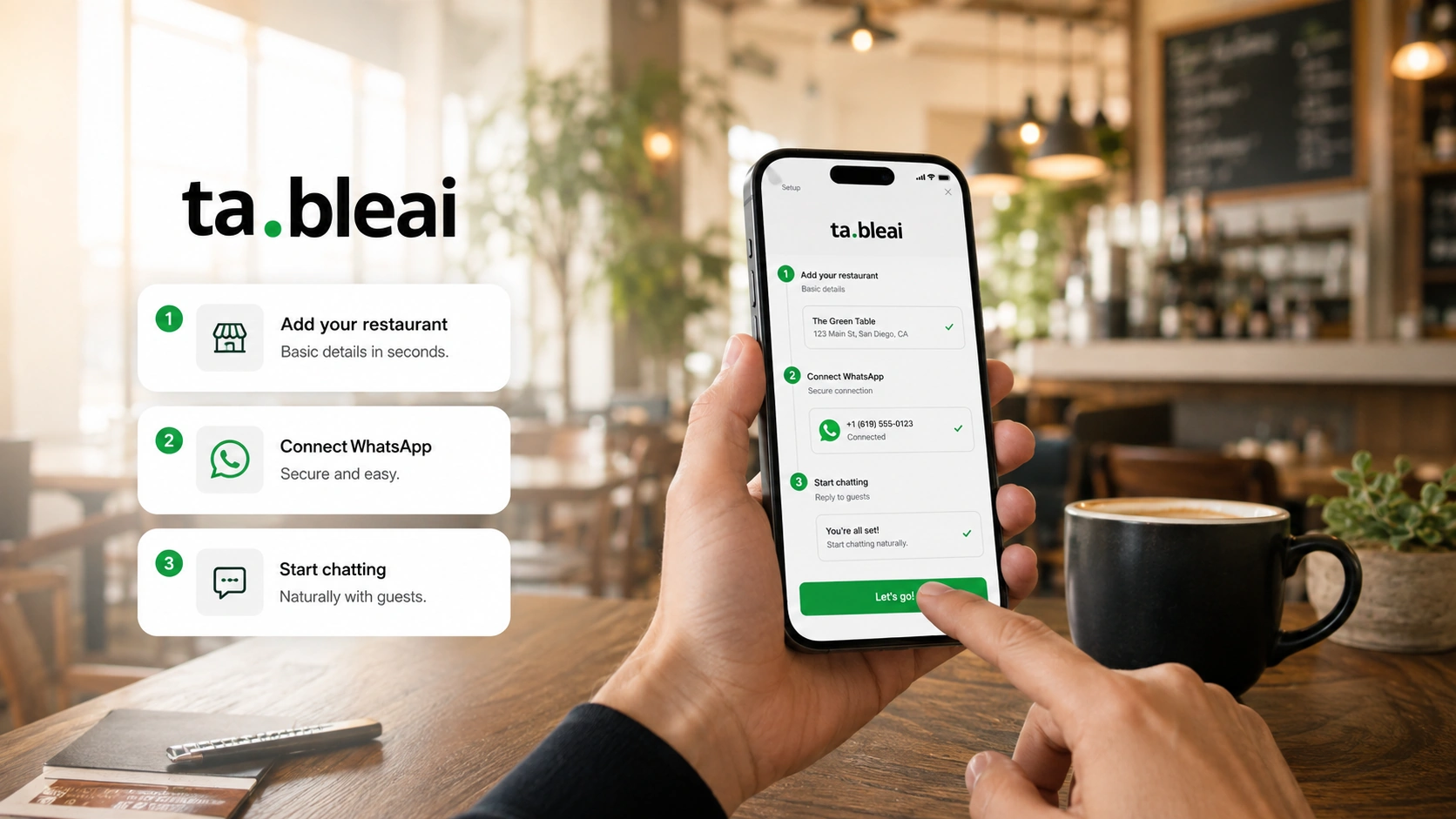 TableAI setup experience showing 3 quick steps: add restaurant, connect WhatsApp, start chatting