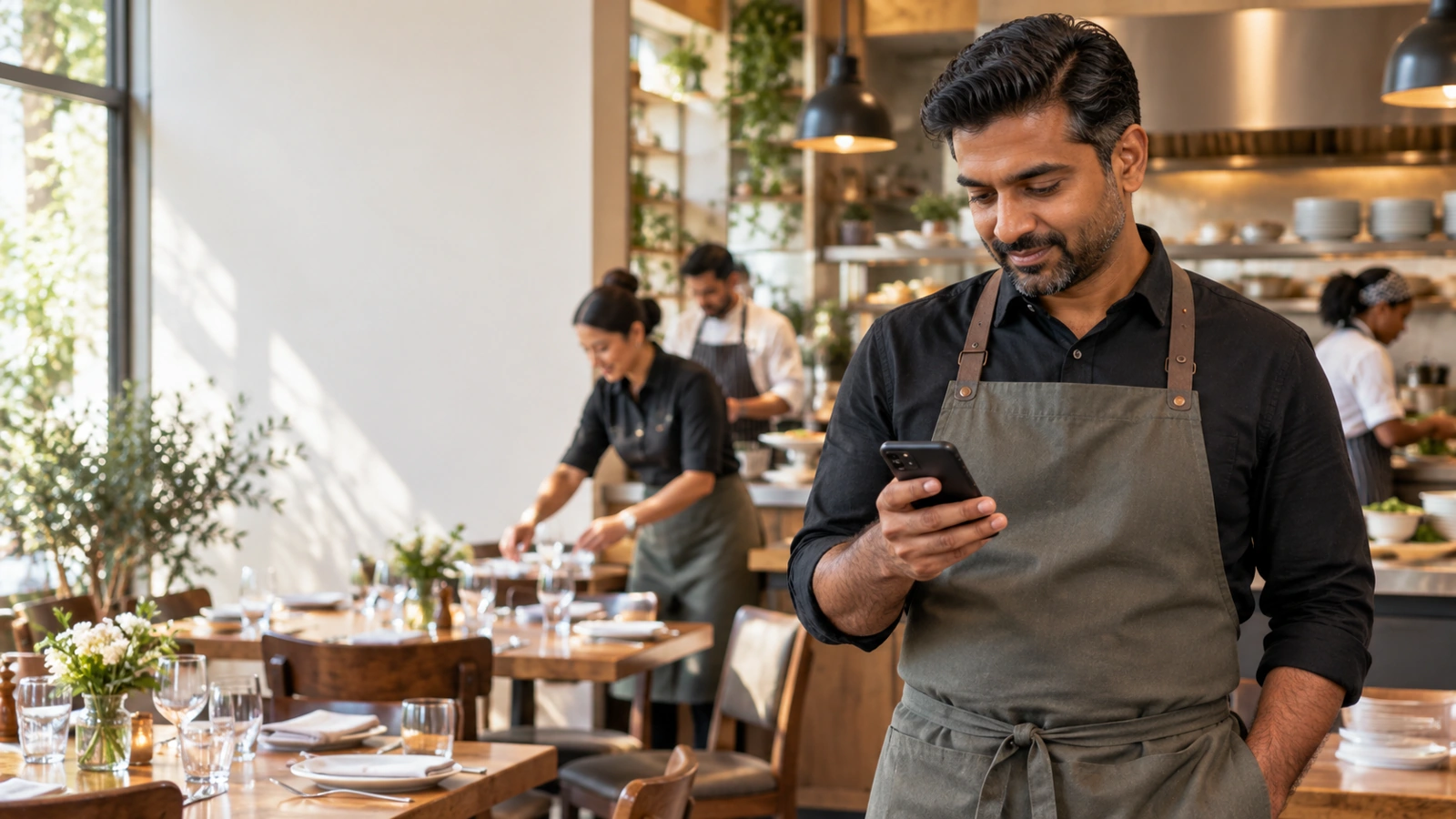 Restaurant owner checking the opening team attendance