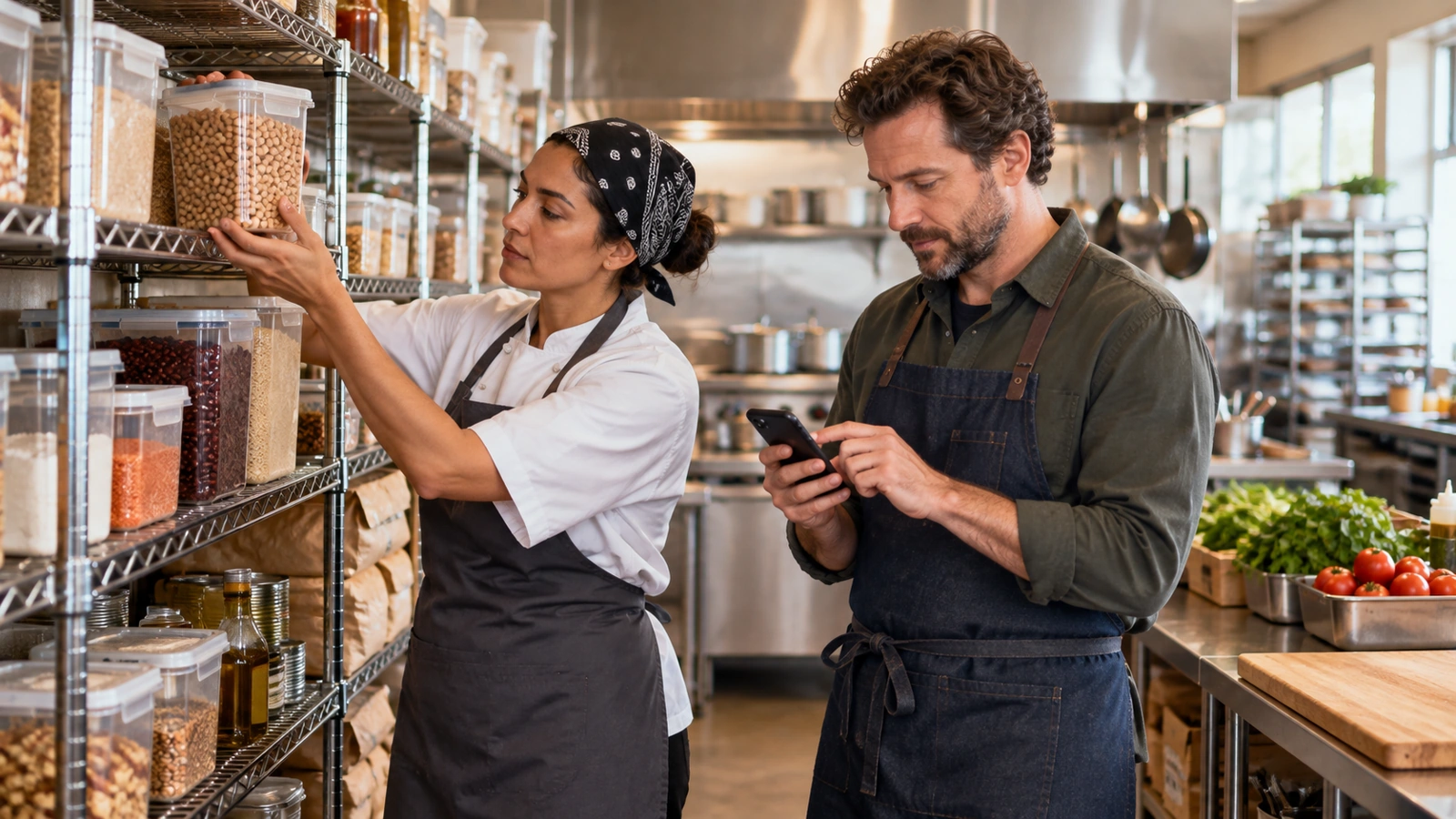 Restaurant cook counting dry-store containers