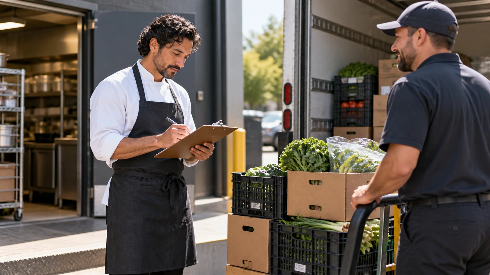 Receiving cook checking a restaurant delivery