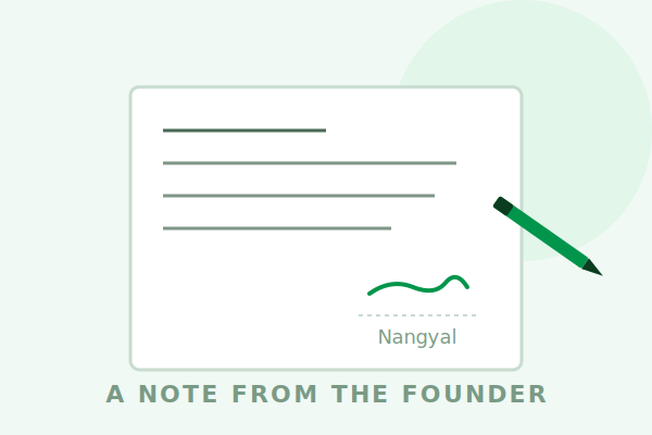 A handwritten note from the founder